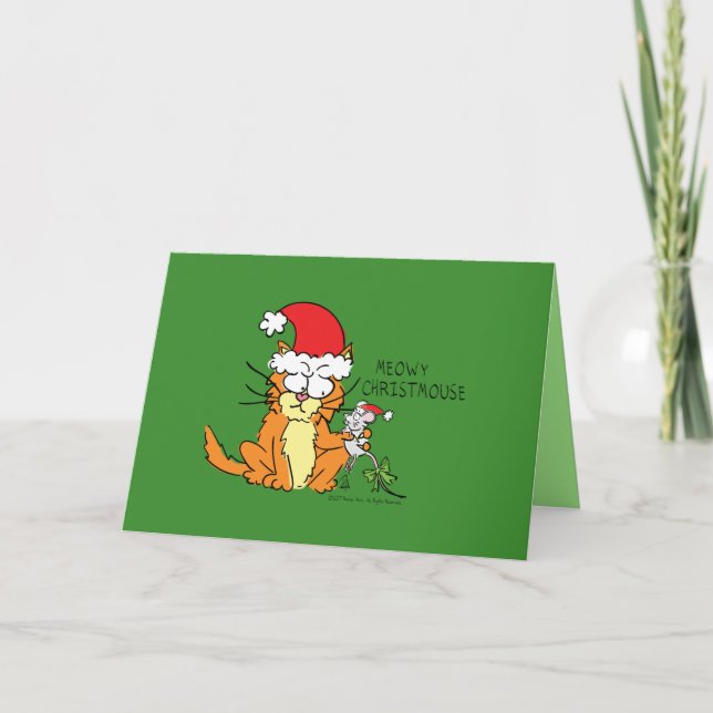 Cartão de Natal engraçado do gato e rato Meowy Chr (Frente)