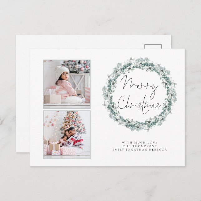 Cartão de Natal Família 2 Foto Coroa de Teal (Frente/Verso)