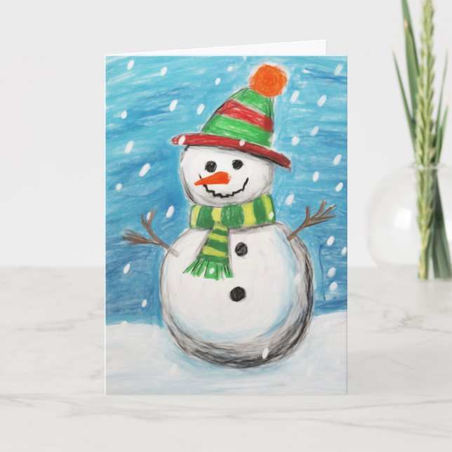 Cartão de Natal Feliz Crayon Snowman (Frente)