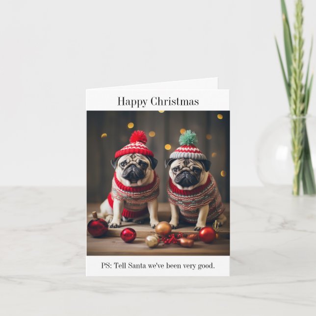 Cartão de Natal Feliz de Cães Pug (Frente)