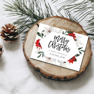 Cartão de Natal Feliz, Floral Vermelho e Branco