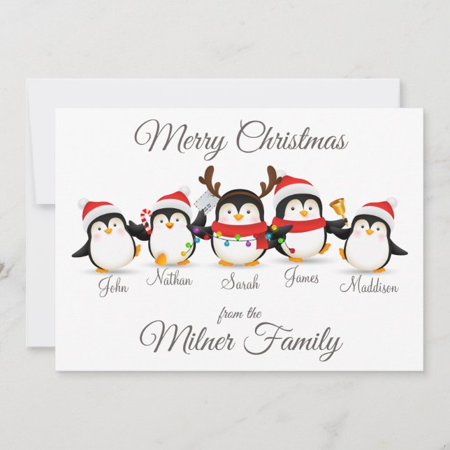 Cartão de Natal Feliz para a Família Penguin (Frente)
