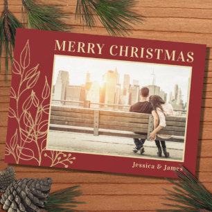 Cartão de Natal Feliz para Folhagem Dourada Vermel