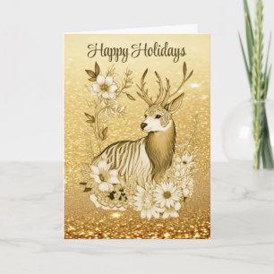 Cartão de Natal Férias Rena Floral Dourado