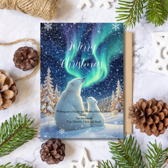 Cartão de Natal Férias Urso Polar Luzes do Norte (Northern Lights Polar Bears Winter Holiday Christmas Greeting Card. Printed or Digital Download)