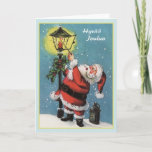 Cartão de Natal finlandês retro de Hyvää Joulua<br><div class="desc">Vintage/cartão finlandês retro do Natal.  Papai Noel alegre que ilumina uma lanterna!  Hyvää Joulua!  Feliz Natal!</div>