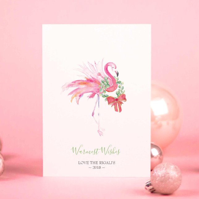 Cartão de Natal, Flamingo Rosa-Cor-de-Água Feriada (Flamingo Christmas cards designed using unique tropical watercolor art by Victoria Grigaliunas)