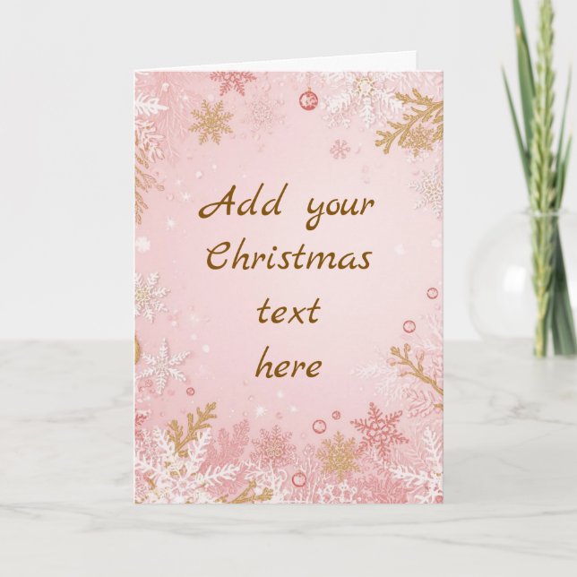 Cartão de Natal Floco de Neve Rosa Branco Dourado (Frente)