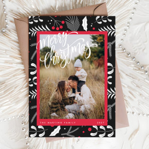 Cartão de Natal Floral de Folk Vermelho Moderno