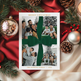 Cartão de Natal Foto com Laço Verde Elegante