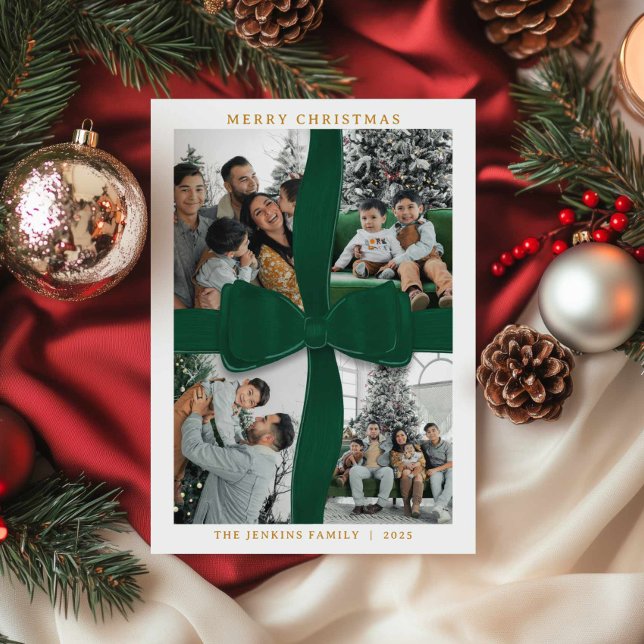 Cartão de Natal Foto com Laço Verde Elegante (Green Bow Merry Christmas 4 Photo Holiday Card)