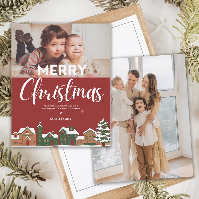 Cartão de Natal Fotográfico da Vila Festiva (Festive Village Illustration Photo Christmas Card)