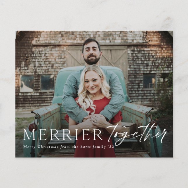 Cartão de Natal Fotográfico do Merrier de Orçament (Frente)