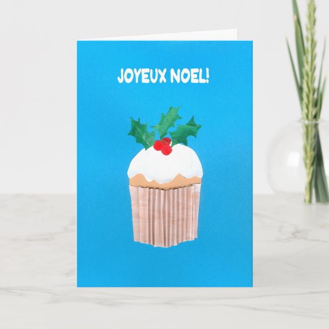 Cartão de Natal, Francês, Cupcake com Holly (Frente)