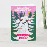 Cartão de Natal francês - pinguins de patinagem<br><div class="desc">Um cartão de Natal com um cumprimento francês e os dois pinguins que patinam no gelo em uma paisagem nevado, de uma colagem de papel pintado à mão por Judy Adamson. Eu estarei feliz mudar a pedido o texto da capa através de minha loja e o interior é deixado vazio...</div>