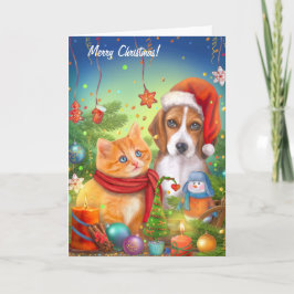 Cartão de Natal. Gato e cachorro lindos. Animais e