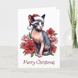 Cartão de Natal   Gato Sphynx Usando um Chapéu de 