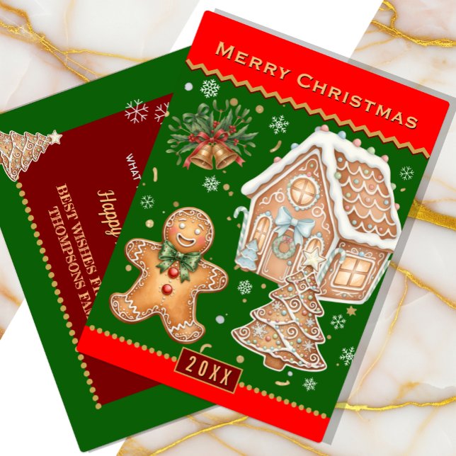 Cartão de Natal, Gingerbird Man, Red/Green (Traditional Christmas Card with Gingerbread Cookies)