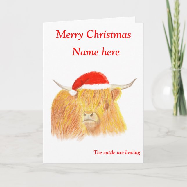Cartão de Natal Highland Cow, personalizável (Frente)