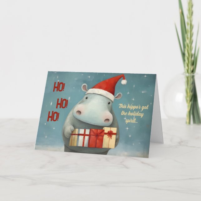 Cartão de Natal Hippo do Espírito Natal de Férias (Frente)