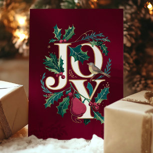 Cartão de Natal Holly Bird para Joy Typografia Ele