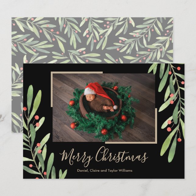 Cartão de Natal Holly e Berries (Frente/Verso)