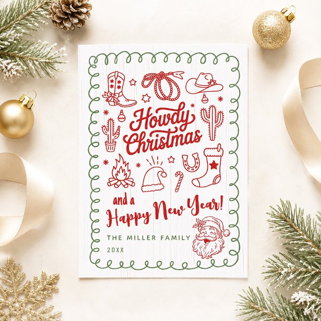 Cartão de Natal Howdy Western com Desenho à Mão (Hand Drawn Doodle Western Howdy Christmas Card)
