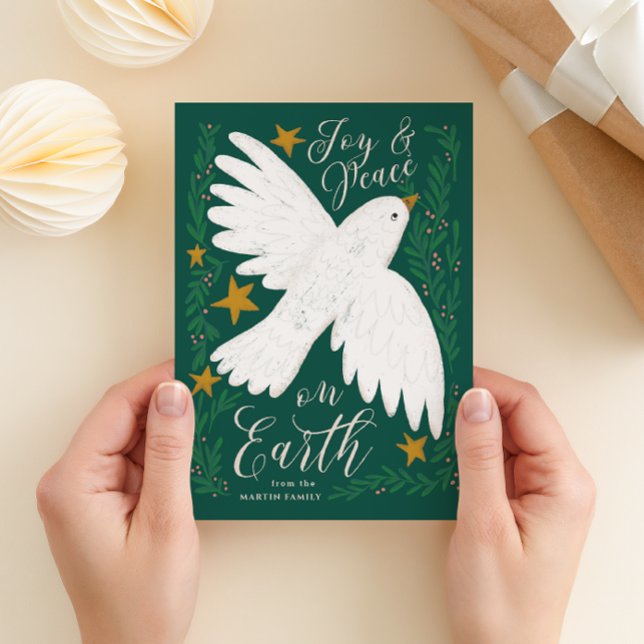 Cartão de Natal Ilustrado da Porta de Paz (illustrated white peace dove and berry branches green Christmas card "joy & peace on earth")