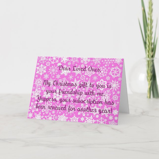 Cartão de Natal Irônico Rosa com Flocos de Neve (Frente)