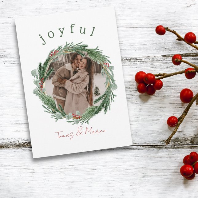 Cartão de Natal Joyful Rustic Wreath (Joyful Rustic Wreath Photo Christmas Card)