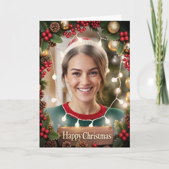 Cartão de Natal Luminoso e Alegre com Foto da Famí (Frente)