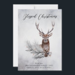 Cartão de Natal Maiestoso Deer Winter<br><div class="desc">Cartão de Natal Majestoso da Terra do Manto de inverno - Cartão de Natal Russo apresenta um lindo, majestoso veado com pineges e groselhas sagradas. A tipografia do roteiro diz "Bendito Natal" e é personalizada com sua saudação, nome e nomes dos membros da família. O cartão faz parte de uma...</div>