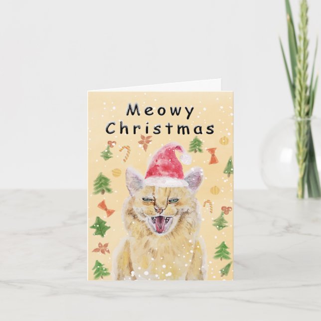 Cartão de Natal Meowy com gato zangado porém fofo (Frente)