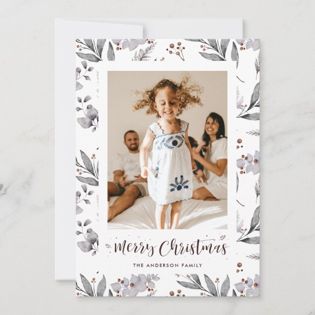 Cartão de Natal Merry Foliage de Watercolor (Frente)