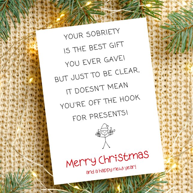 Cartão de Natal Mínimo Engraçado Sobriedade (humorous xmas card for addiction recovery, sober support, simple minimal black red)