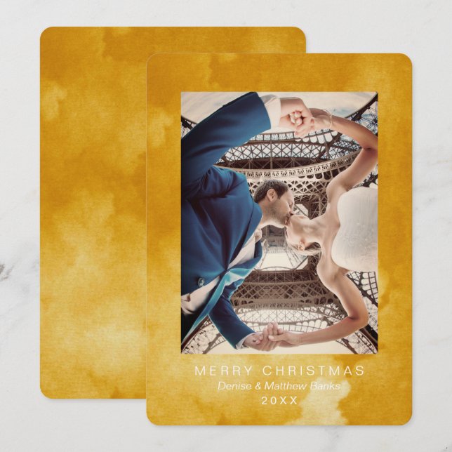 Cartão de Natal Moderno Amarelo-Amarelo com Aquare (Frente/Verso)