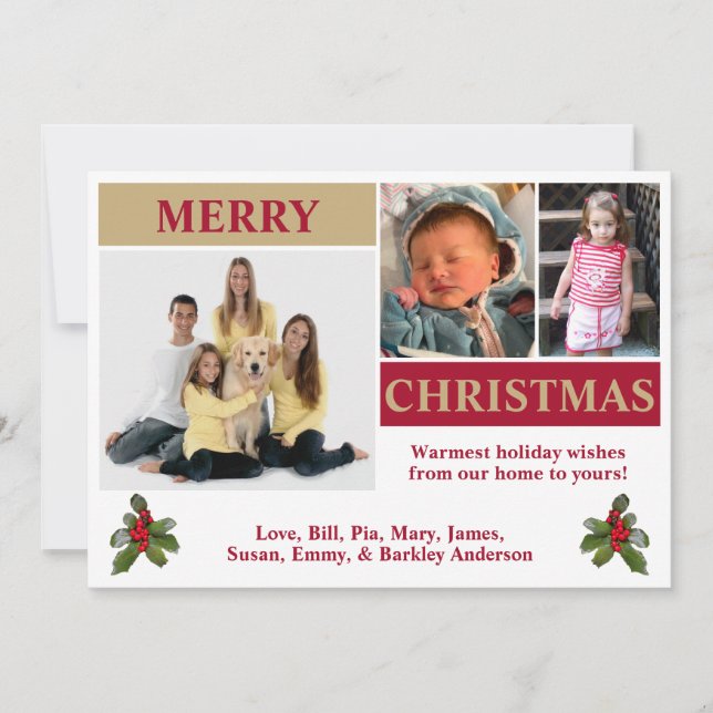 Cartão de Natal Moderno Branco, Vermelho e Dourado (Frente)