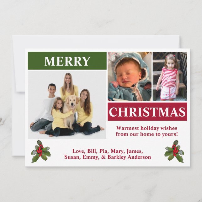 Cartão de Natal Moderno Branco, Vermelho e Verde c (Frente)