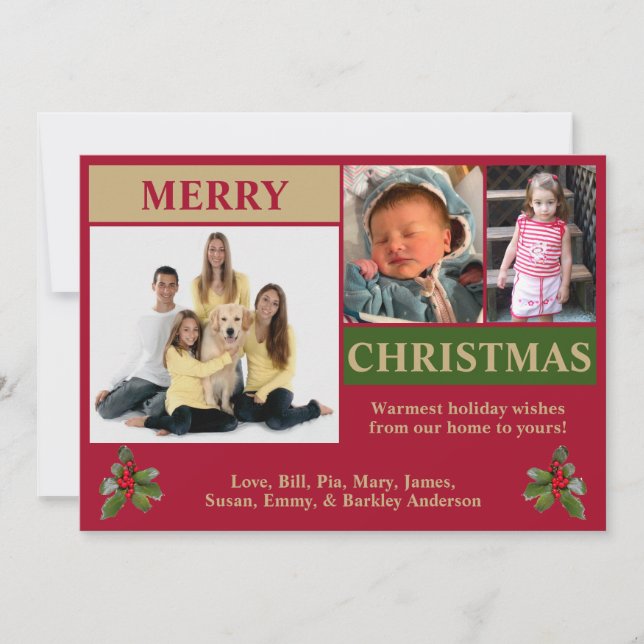 Cartão de Natal Moderno Vermelho, Dourado e Verde  (Frente)