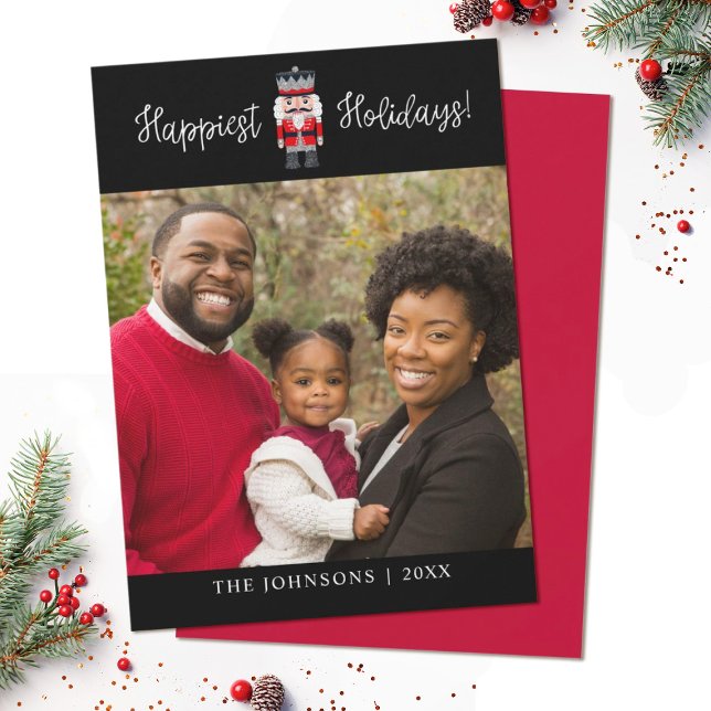 Cartão de Natal Nutcracker (A simple elegant family photo Christmas card featuring a nutcracker and your photo.)