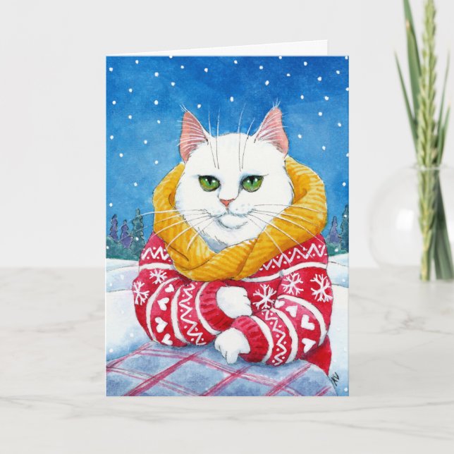Cartão de Natal ou de inverno para gatos brancos e (Frente)