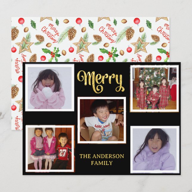 Cartão de Natal para a Família de Cinco Fotos (Frente/Verso)