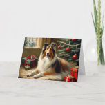 Cartão de Natal para cães Collie<br><div class="desc">Linda pintura em estilo de vintage de um cartão de Natal personalizado de cão Collie Rough. Alterar,  eliminar ou deixar texto conforme as suas necessidades. excelente para amantes de cães</div>