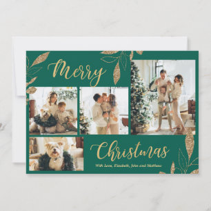 Cartão de Natal para Colagem de Fotos Dourada Verd