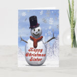 Cartão de Natal para Jolly Snowman<br><div class="desc">Um boneco de neve alegre vestindo um chapéu de cima na neve enquanto os flocos de neve caem ao seu redor.</div>