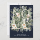 Cartão de Natal para Neve Botânica Noel Winter Pin<br><div class="desc">Noel é soletrado em letras cintilantes prateadas embelezadas com flores brancas. Eles estão aninhados em galhos de pínus de inverno que estão apimentados com neve. Duas linhas de texto branco estão abaixo e permitem personalizar sua mensagem. O fundo azul escuro os torna realmente pop.</div>