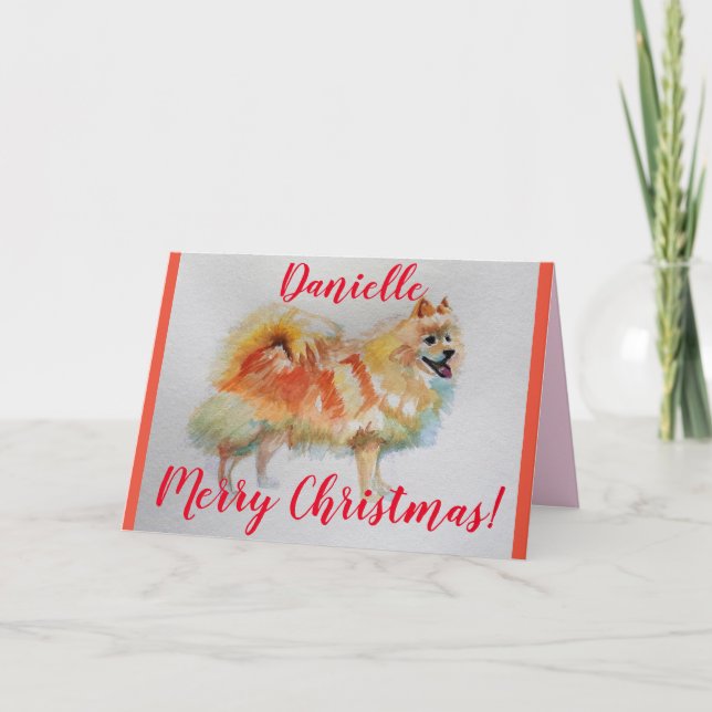 Cartão de Natal para o Spitz Dog Watercolor alemão (Frente)