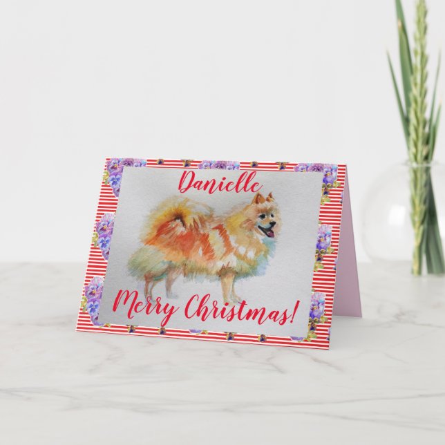 Cartão de Natal para o Spitz Dog Watercolor alemão (Frente)