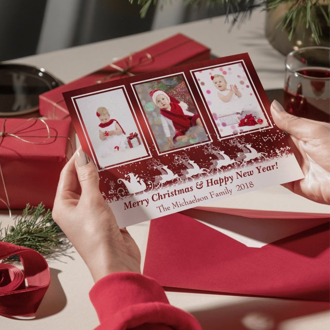 Cartão de Natal para Papais noeis Metálicos Vermel (Red Metallic Santa Snow Photo Christmas Card)