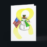 Cartão de Natal Patriótico Snowman e Fita Amarela<br><div class="desc">Nós misturamos nosso boneco de neve patriótico com seu braço de saudação e seu braço de bandeira em cima da Faixa de Opções Amarela que representa "Chegando a Casa". E este cartão diz que sentimos sua falta e deseja que o destinatário seja... "lar para as férias." Espero que para sempre!...</div>